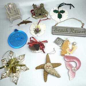 Beach Theme Christmas Ornaments Sea Shell Sand Dollar Starfish Mermaid LOT of 11